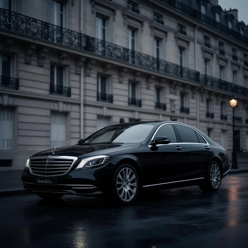 Mercedes Classe S noire de la flotte Blackmile, garée devant un immeuble parisien
